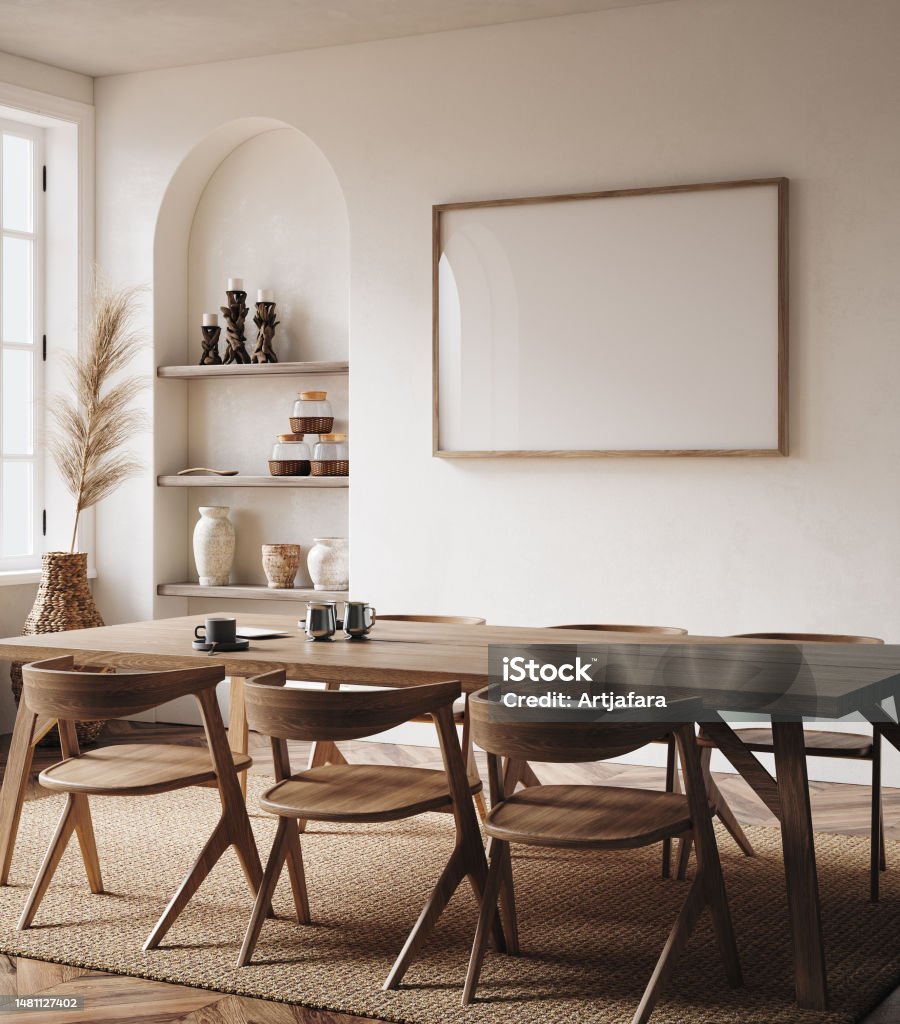 Frame mockup in nomadic boho kitchen interior with rustic decor, 3d render